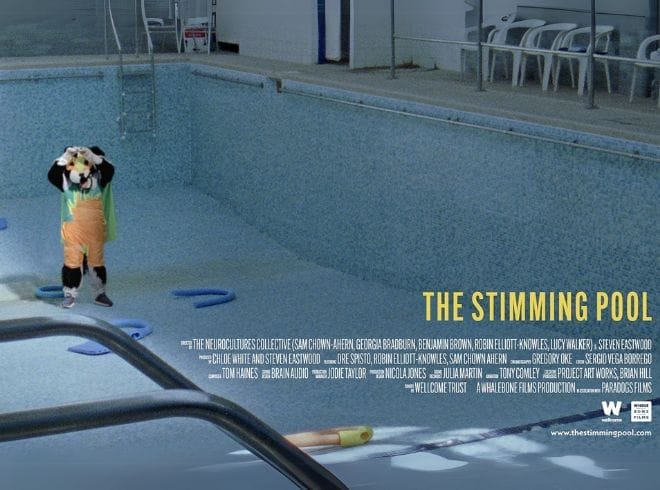 An image of an empty swimming pool with a person dressed in orange overalls with their hands on their head. In the right corner in yellow writing the words 'The Stimming Pool' is written