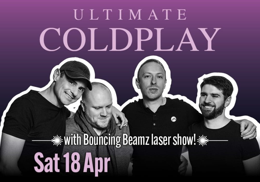 An image of four men in black and white with their arms round each other. The background is purple and at the top in lilac is written 'Ultimate Coldplay'.