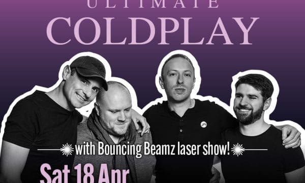 An image of four men in black and white with their arms round each other. The background is purple and at the top in lilac is written 'Ultimate Coldplay'.