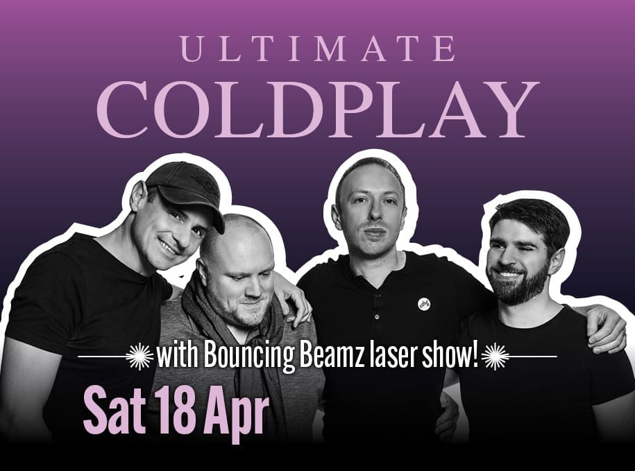 An image of four men in black and white with their arms round each other. The background is purple and at the top in lilac is written 'Ultimate Coldplay'.
