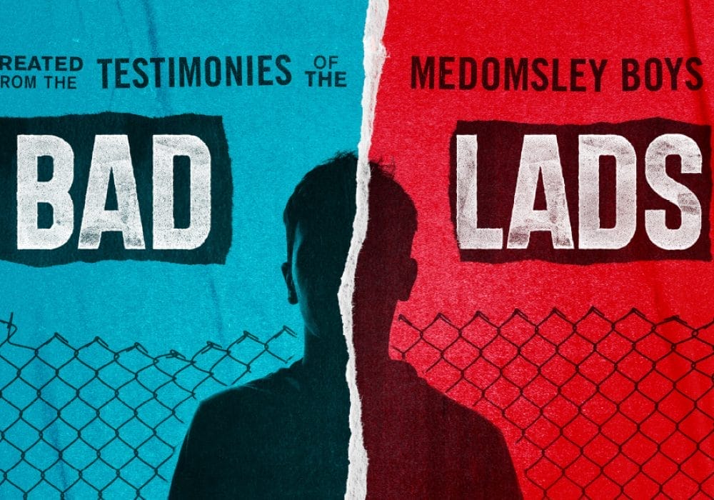 An image split in half like ripped paper, the left side is in a block blue colour and the left in red, in the centre there is a silhouette of a boy. Across the back there is a chain link fence. Above the writing reads 'Bad Lads'.