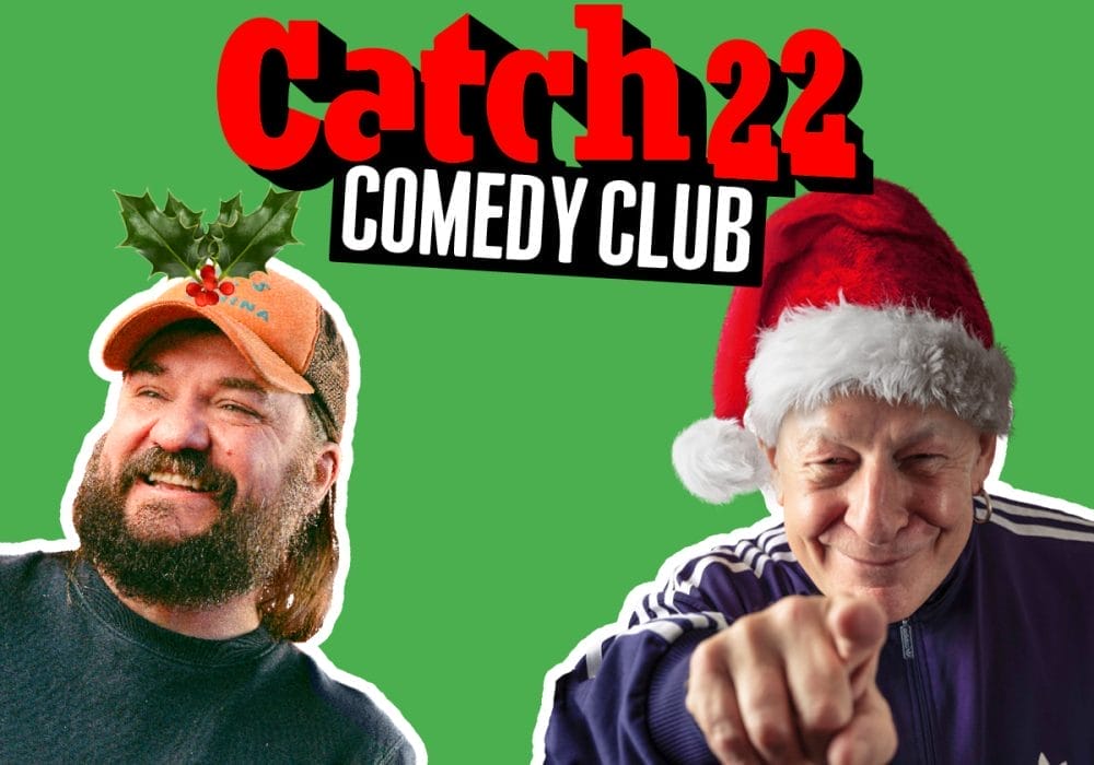 a promotional header for "Catch22 Comedy Club" Christmas show with the same green background. It features the same two comedians - Matt Reed on the left with his orange cap decorated with holly, and Jeff Innocent on the right wearing a Santa hat and pointing at the viewer. The club's logo appears at the top in red and white. This appears to be a cropped version of the first image, showing just the top portion without the event details and performer names.