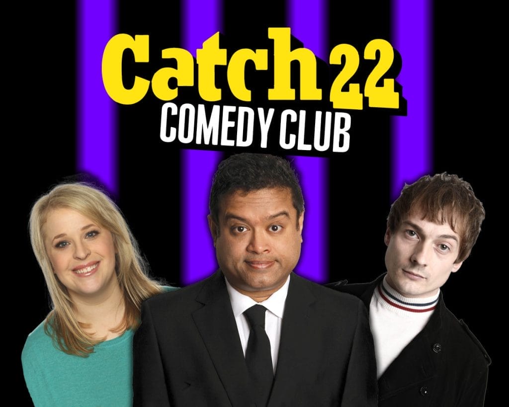 a promotional header for "Catch22 Comedy Club" with a black background and purple vertical lighting effects. The club's name appears in yellow and white letters at the top. Below are photos of three comedians: on the left, a woman with blonde hair wearing a teal/turquoise top; in the center, a man in a black suit with white shirt and black tie; and on the right, a young man with short brown hair wearing what appears to be a black jacket with a striped collar.