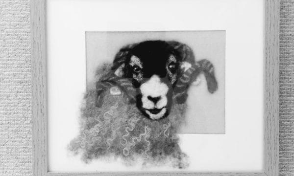 a black and white image of a needle felt ram in a frame