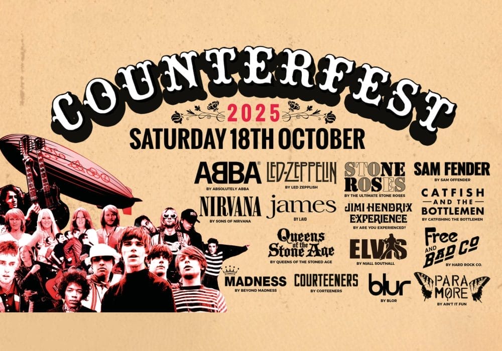 Music festival poster for Counterfest 2025 on Saturday 18th October. Features vintage-style design with beige background and black text. Left side shows silhouettes of various musicians including band members and performers. Large curved text at top reads 'COUNTERFEST' with '2025' highlighted in red. Lineup includes tribute bands: ABBA by Absolutely ABBA, Led Zeppelin by Led Zepplish, Stone Roses by The Ultimate Stone Roses, Cattlefish and the Bottlemen by Catfishing The Bottlemen, Nirvana by Sons of Nirvana, James by Laid, Jimi Hendrix Experience by Are You Experienced?, Sam Fender by Sam Offender, Queens of the Stone Age by Queens of the Stoned Age, Elvis by Niall Southall, Free and Bad Company by Hard Rock Co., Madness by Beyond Madness, Courteeners by Corteeners, Blur by Blor, and Paramore by Ain't It Fun. Artist names are displayed in various fonts and sizes across the poster in a festival lineup style.