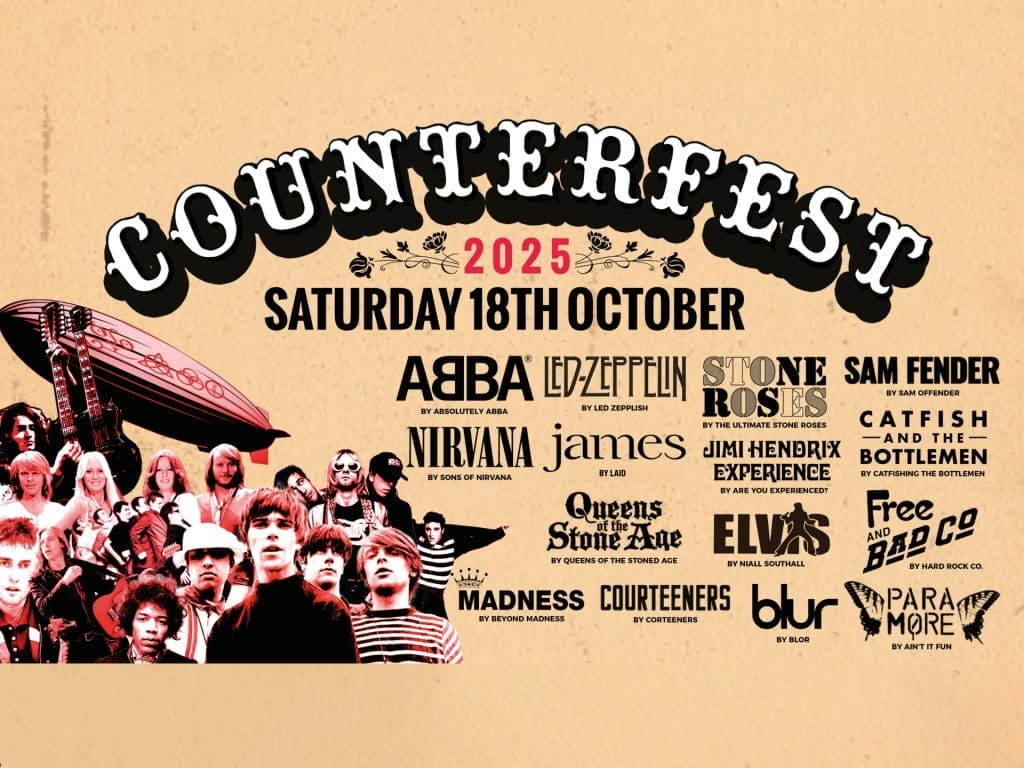 Music festival poster for Counterfest 2025 on Saturday 18th October. Features vintage-style design with beige background and black text. Left side shows silhouettes of various musicians including band members and performers. Large curved text at top reads 'COUNTERFEST' with '2025' highlighted in red. Lineup includes tribute bands: ABBA by Absolutely ABBA, Led Zeppelin by Led Zepplish, Stone Roses by The Ultimate Stone Roses, Cattlefish and the Bottlemen by Catfishing The Bottlemen, Nirvana by Sons of Nirvana, James by Laid, Jimi Hendrix Experience by Are You Experienced?, Sam Fender by Sam Offender, Queens of the Stone Age by Queens of the Stoned Age, Elvis by Niall Southall, Free and Bad Company by Hard Rock Co., Madness by Beyond Madness, Courteeners by Corteeners, Blur by Blor, and Paramore by Ain't It Fun. Artist names are displayed in various fonts and sizes across the poster in a festival lineup style.