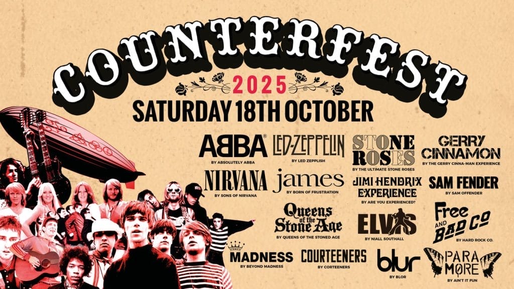 A yellow backgroudn with an image of various artists in the left corner, all with a red, sepia overlay. To the right is the list of bands, these include ABBA by Absolutely Abba, Led-Zeppelin by Led Zepplish, etc. Above in white letters and a cursive font it says counterfest and in red 2025. Underneath in black it says Saturday 18th October.