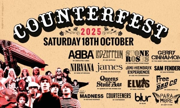 A yellow backgroudn with an image of various artists in the left corner, all with a red, sepia overlay. To the right is the list of bands, these include ABBA by Absolutely Abba, Led-Zeppelin by Led Zepplish, etc. Above in white letters and a cursive font it says counterfest and in red 2025. Underneath in black it says Saturday 18th October.