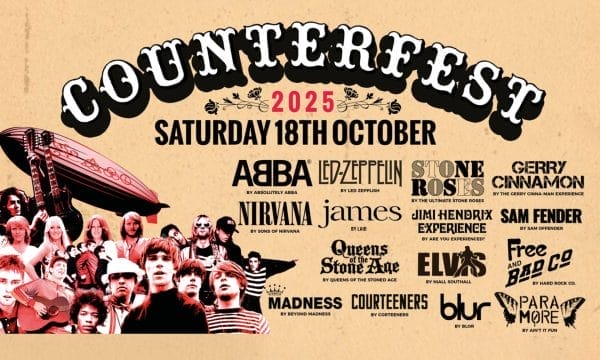 Here's alt text for the image: "Music festival poster for Counterfest 2025 on Saturday 18th October. Features vintage-style design with beige background and black text. Left side shows silhouettes of various musicians including band members and performers. Large curved text at top reads 'COUNTERFEST' with '2025' highlighted in red. Lineup includes tribute bands: ABBA by Absolutely ABBA, Led Zeppelin by Led Zepplish, Stone Roses by The Ultimate Stone Roses, Gerry Cinnamon by The Gerry Cinna-Man Experience, Nirvana by Sons of Nirvana, James by Laid, Jimi Hendrix Experience by Are You Experienced?, Sam Fender by Sam Offender, Queens of the Stone Age by Queens of the Stoned Age, Elvis by Niall Southall, Free and Bad Company by Hard Rock Co., Madness by Beyond Madness, Courteeners by Corteeners, Blur by Blor, and Paramore by Ain't It Fun. Artist names are displayed in various fonts and sizes across the poster in a festival lineup style.