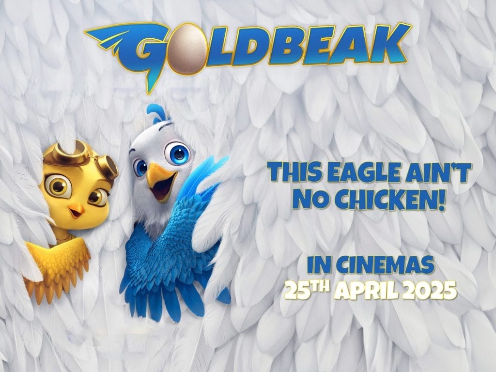 An image of two cartoon birds peaking out of a background of white feathers, above them the text reads Goldbeak.