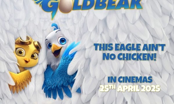 An image of two cartoon birds peaking out of a background of white feathers, above them the text reads Goldbeak.