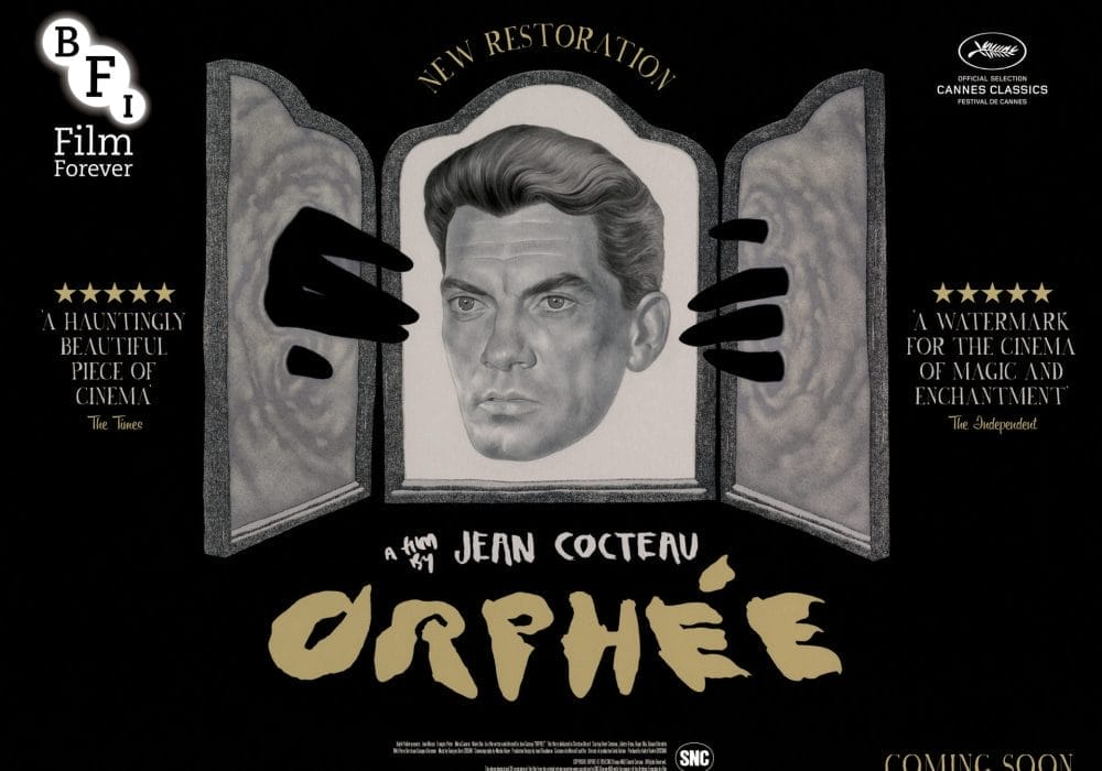 A sketch style image of a man in a mirror, on the two side mirrors there are fingers coming towards his face. the background is black and the text underneath reads 'orphree'