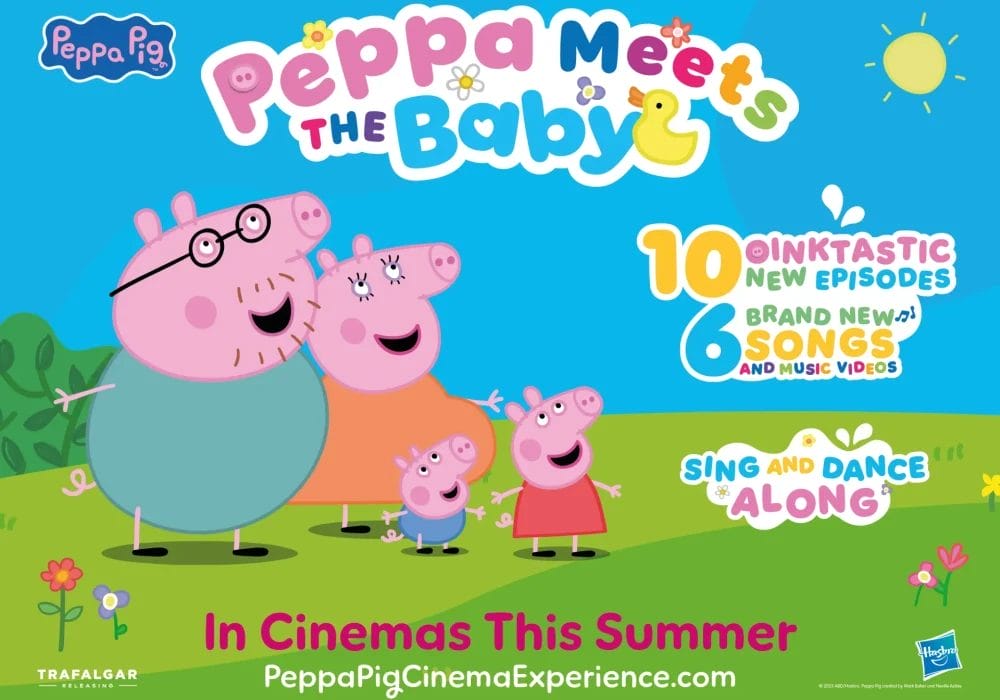 A cartoon image of the Peppa Pig characters outside, with a bright blue sky and sunny background. They are looking up at bright colourful wording of Peppa Meets the Baby.