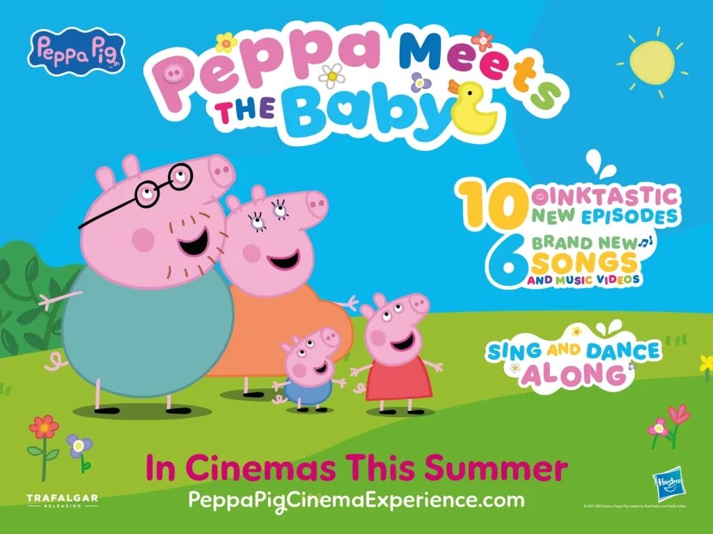 A cartoon image of the Peppa Pig characters outside, with a bright blue sky and sunny background. They are looking up at bright colourful wording of Peppa Meets the Baby.