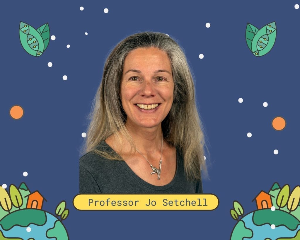 Here's alt text for the image: A professional headshot of a smiling middle-aged woman with long grey-blonde hair wearing a dark green v-neck top and a silver necklace. She is positioned against a stylized blue background decorated with white dots resembling stars or snow, green leaves with DNA helixes inside them, orange circular elements, and small illustrated landscapes with trees and houses at the bottom. A yellow label at the bottom of the image reads "Professor Jo Setchell".