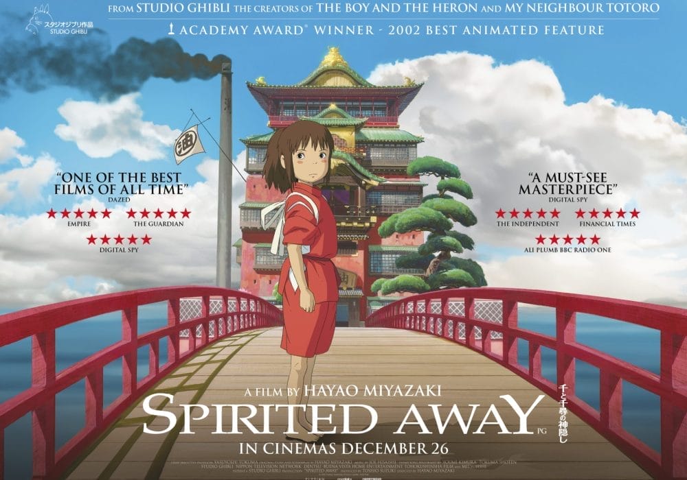 An animated image of a girl stood in front of a building on a bridge which is curving towards the front of the image. The girl is wearing red and looking at the screen, underneath in white is says 'Spirited Away'