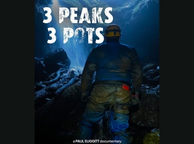 An image of a man in a hard hat and other caving gear, walking towards a cave opening. In the top of the screen there is a white title saying '3 peaks 3 pots'