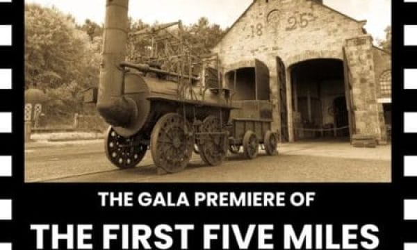 An retro style image of a locomotion, with a black and white film reel border. At the top there is a red block with white text saying 'tees valley international film festival presents' at the bottom in large white text it says ' the gala premier of five miles a Stockton & Darlington Railway Story' on a white block in black text it says 'ARC Stockton - 11am 06/11/2025'