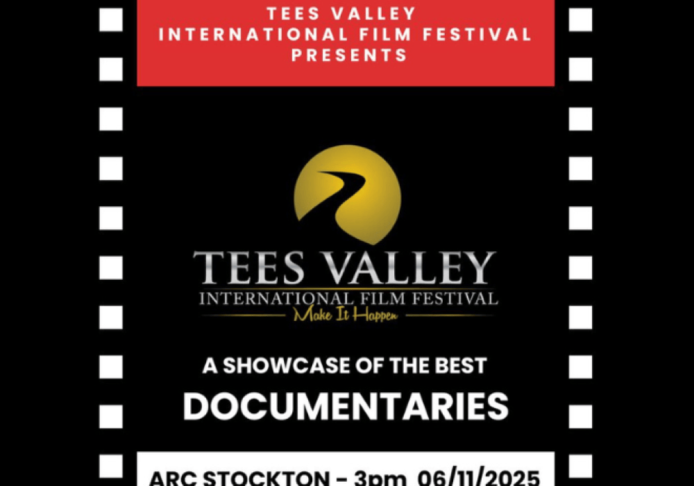 An images of the Tees Valley International Film Festival Logo with the text stating 'a showcase of the best documentaries' with the boarder with black and white in a film reel style.