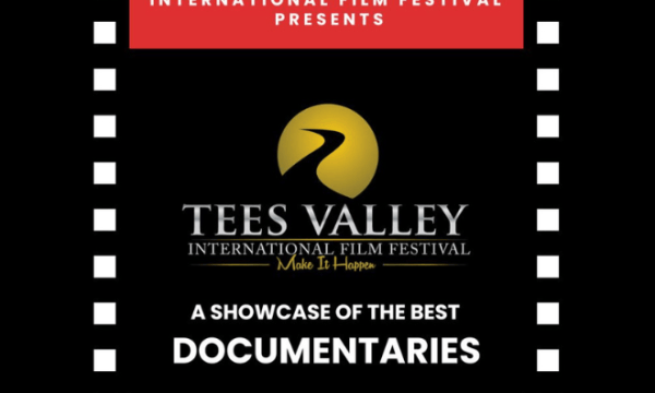 An images of the Tees Valley International Film Festival Logo with the text stating 'a showcase of the best documentaries' with the boarder with black and white in a film reel style.