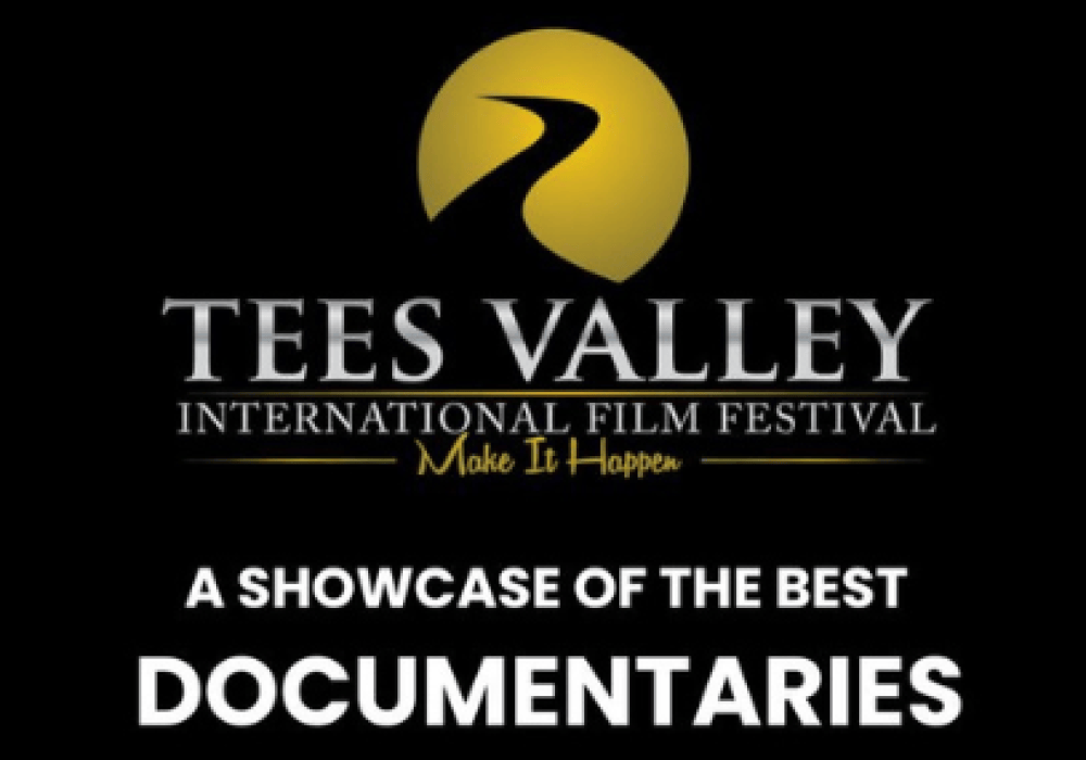 An images of the Tees Valley International Film Festival Logo with the text stating 'a showcase of the best documentaries' with the boarder with black and white in a film reel style.