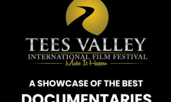 An images of the Tees Valley International Film Festival Logo with the text stating 'a showcase of the best documentaries' with the boarder with black and white in a film reel style.