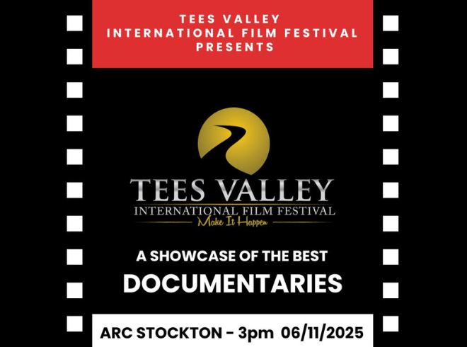 An images of the Tees Valley International Film Festival Logo with the text stating 'a showcase of the best documentaries' with the boarder with black and white in a film reel style.