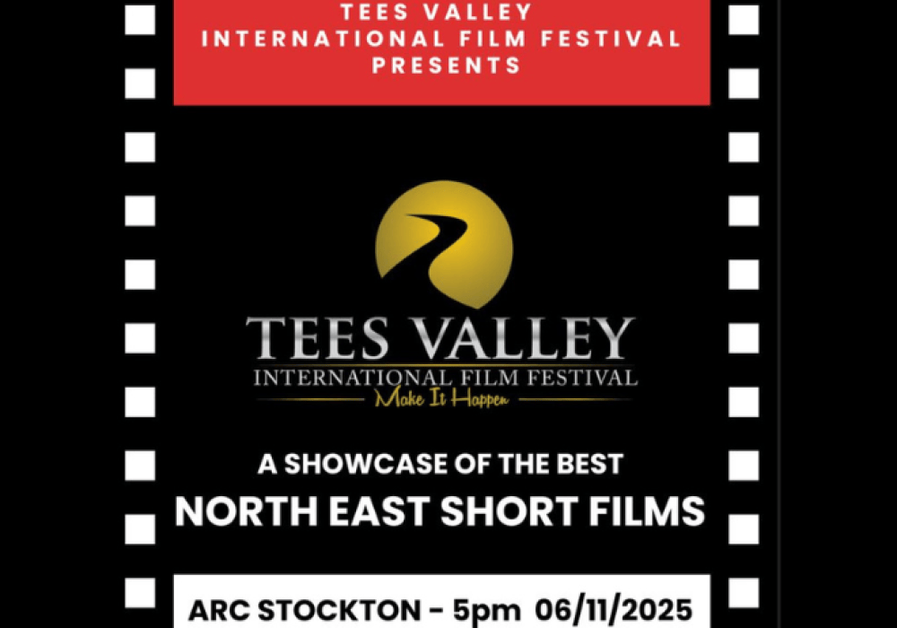 An images of the Tees Valley International Film Festival Logo with the text stating 'a showcase of the best north east short films' with the boarder with black and white in a film reel style.