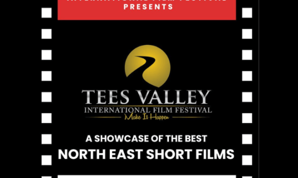 An images of the Tees Valley International Film Festival Logo with the text stating 'a showcase of the best north east short films' with the boarder with black and white in a film reel style.