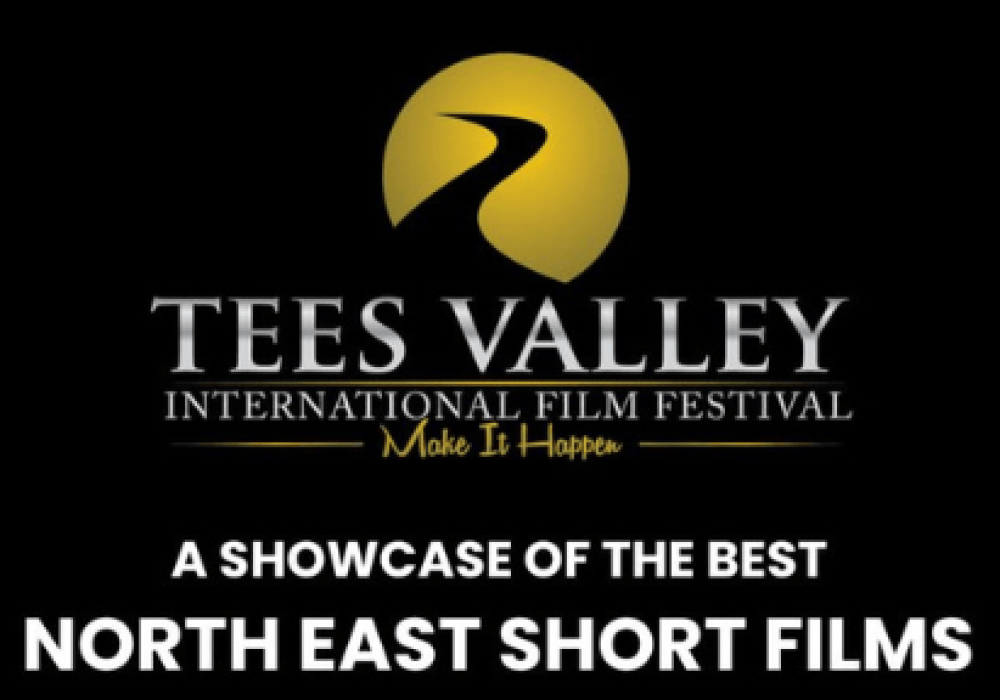 An images of the Tees Valley International Film Festival Logo with the text stating 'a showcase of the best north east short films' with the boarder with black and white in a film reel style.