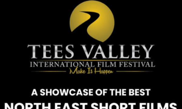 An images of the Tees Valley International Film Festival Logo with the text stating 'a showcase of the best north east short films' with the boarder with black and white in a film reel style.