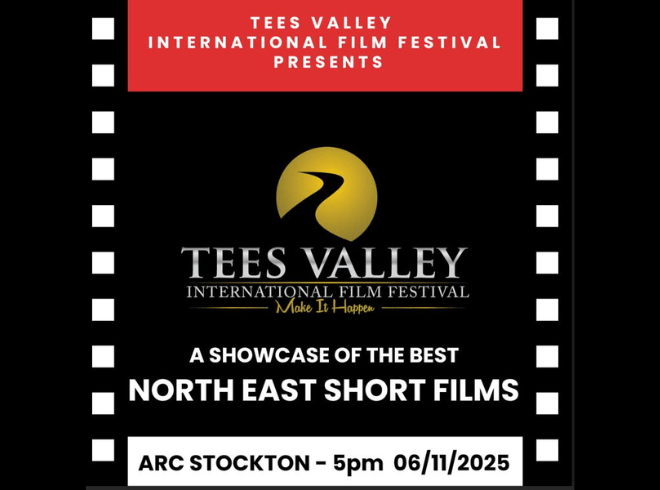 An images of the Tees Valley International Film Festival Logo with the text stating 'a showcase of the best north east short films' with the boarder with black and white in a film reel style.