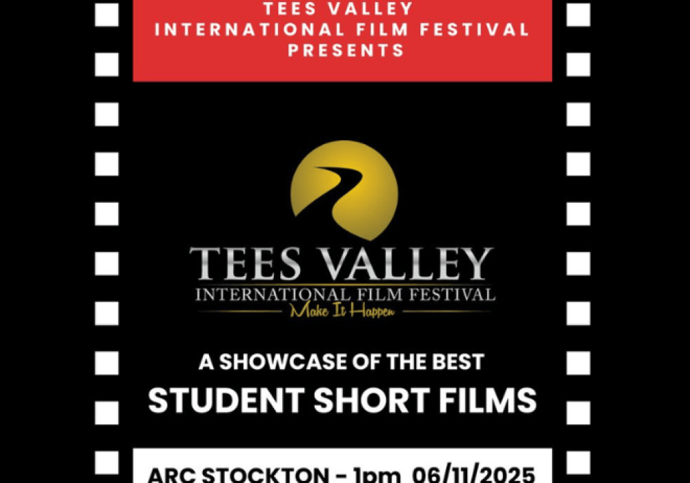 An images of the Tees Valley International Film Festival Logo with the text stating 'a showcase of the best student short films' with the boarder with black and white in a film reel style.