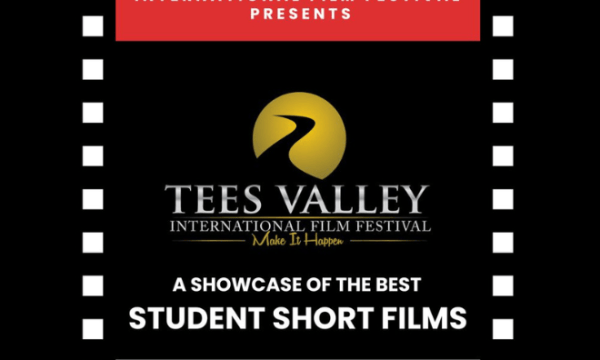 An images of the Tees Valley International Film Festival Logo with the text stating 'a showcase of the best student short films' with the boarder with black and white in a film reel style.