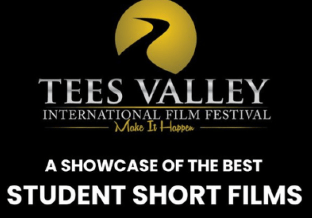 An images of the Tees Valley International Film Festival Logo with the text stating 'a showcase of the best student short films' with the boarder with black and white in a film reel style.