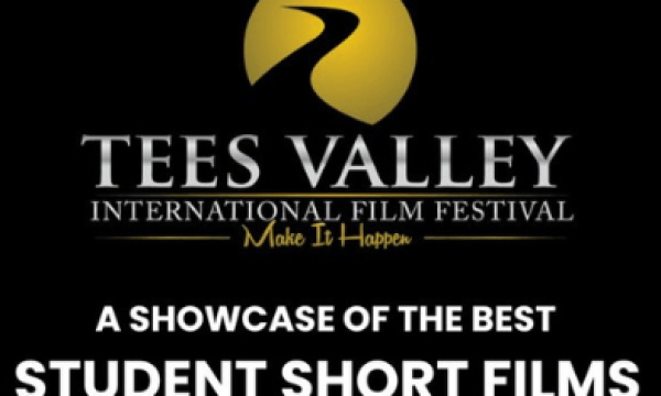 An images of the Tees Valley International Film Festival Logo with the text stating 'a showcase of the best student short films' with the boarder with black and white in a film reel style.