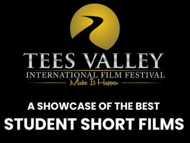 An images of the Tees Valley International Film Festival Logo with the text stating 'a showcase of the best student short films' with the boarder with black and white in a film reel style.