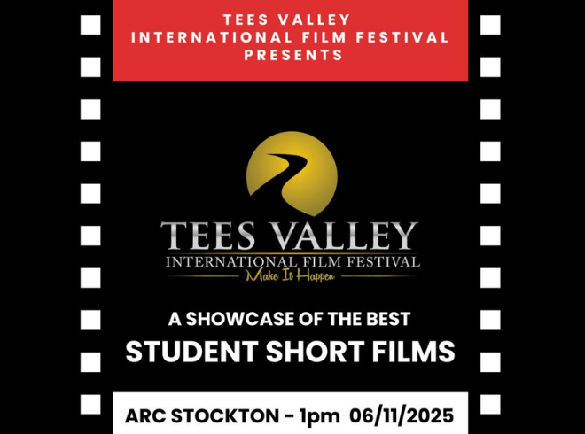 An images of the Tees Valley International Film Festival Logo with the text stating 'a showcase of the best student short films' with the boarder with black and white in a film reel style.