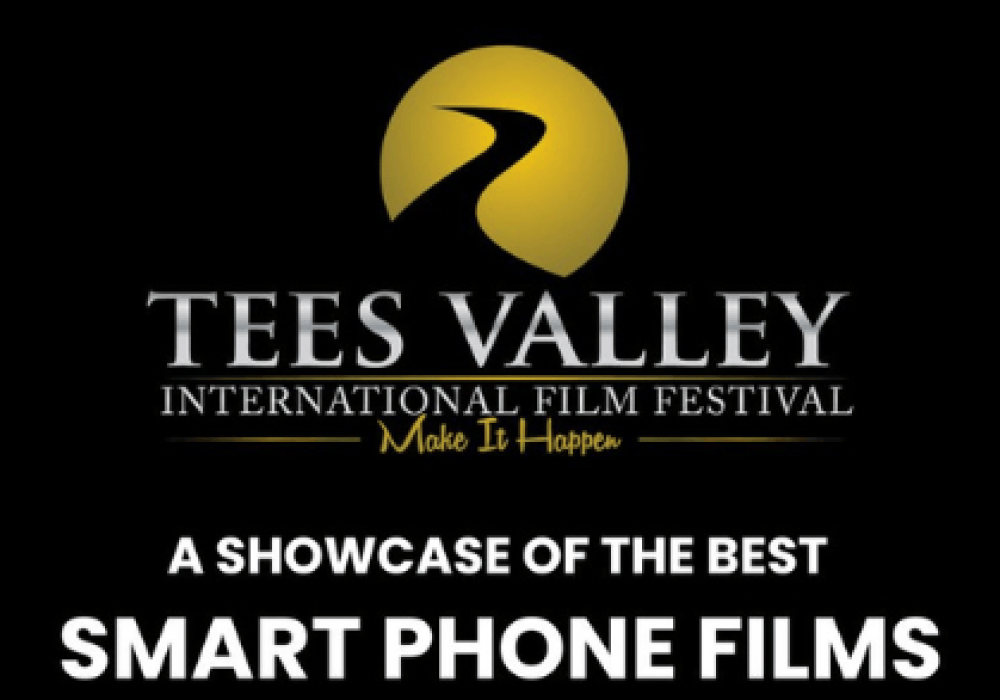 An images of the Tees Valley International Film Festival Logo with the text stating 'a showcase of the best Smart Phone Films' with the boarder with black and white in a film reel style.