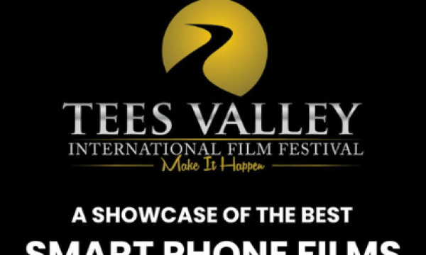 An images of the Tees Valley International Film Festival Logo with the text stating 'a showcase of the best Smart Phone Films' with the boarder with black and white in a film reel style.