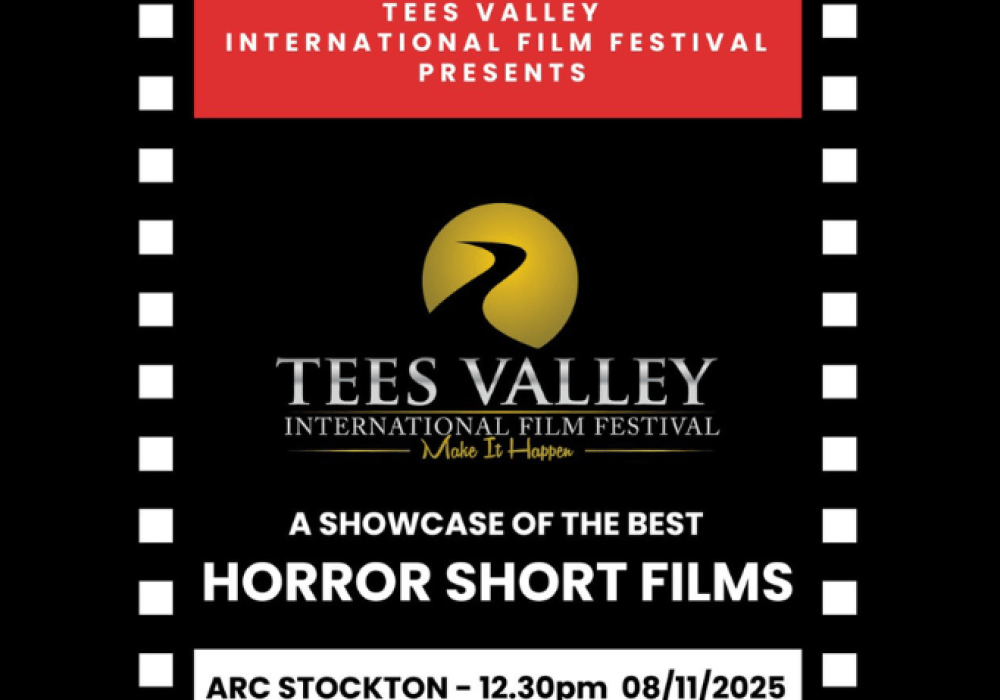An images of the Tees Valley International Film Festival Logo with the text stating 'a showcase of the best Horror Short Films' with the boarder with black and white in a film reel style.