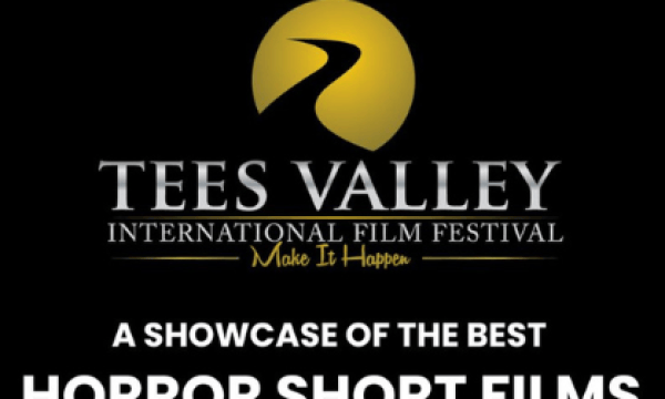 An images of the Tees Valley International Film Festival Logo with the text stating 'a showcase of the best Horror Short Films' with the boarder with black and white in a film reel style.