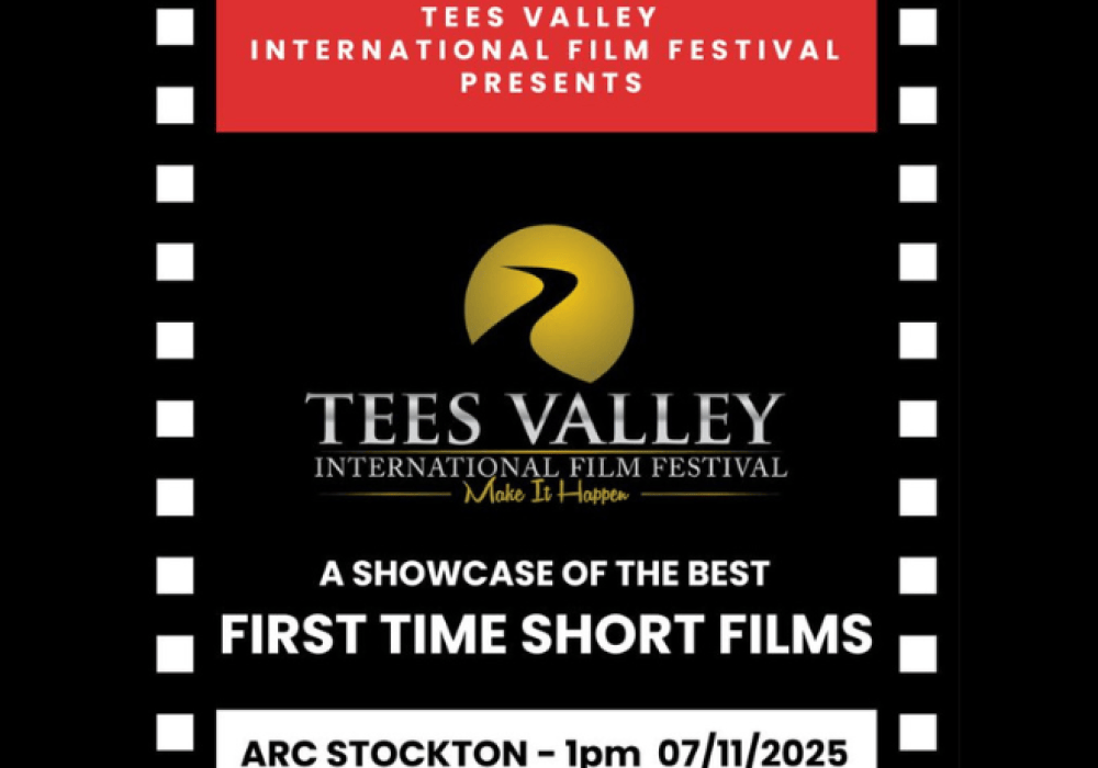 An images of the Tees Valley International Film Festival Logo with the text stating 'a showcase of the best First Time Short Films' with the boarder with black and white in a film reel style.