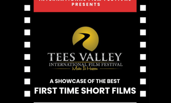An images of the Tees Valley International Film Festival Logo with the text stating 'a showcase of the best First Time Short Films' with the boarder with black and white in a film reel style.