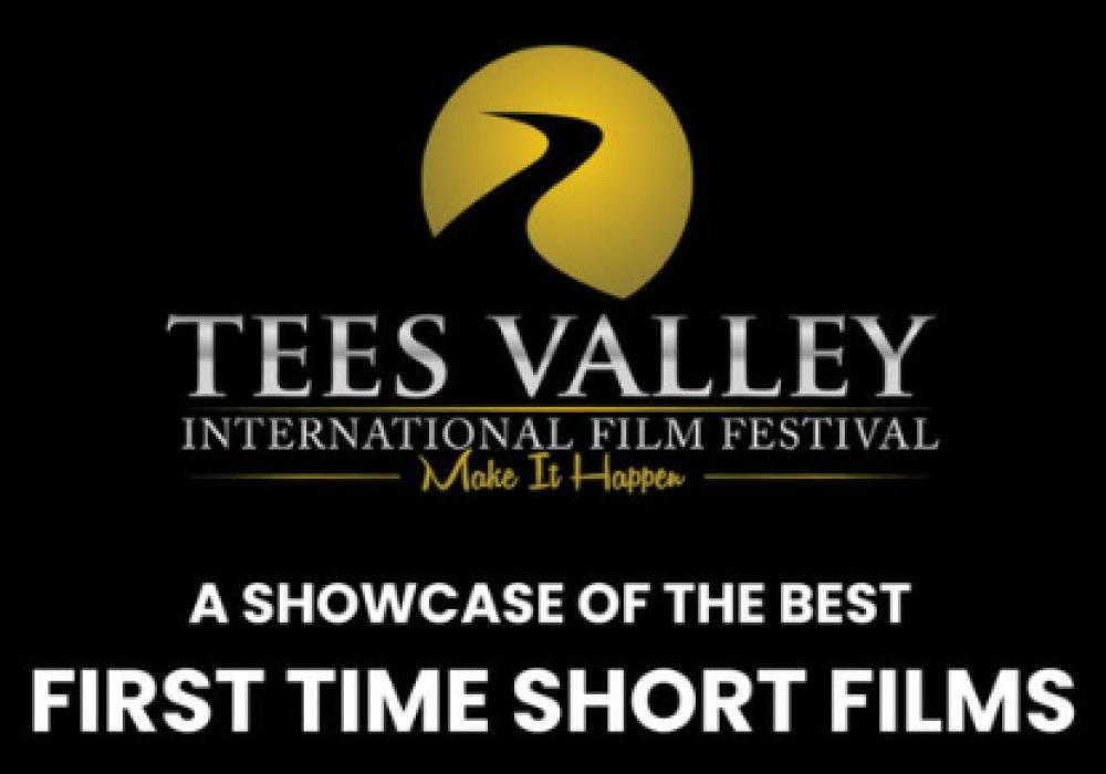 An images of the Tees Valley International Film Festival Logo with the text stating 'a showcase of the best First Time Short Films' with the boarder with black and white in a film reel style.