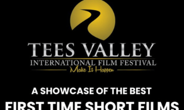 An images of the Tees Valley International Film Festival Logo with the text stating 'a showcase of the best First Time Short Films' with the boarder with black and white in a film reel style.