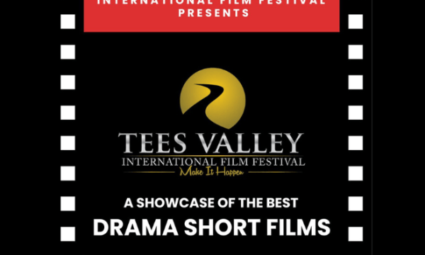 An images of the Tees Valley International Film Festival Logo with the text stating 'a showcase of the best Drama Short Films' with the boarder with black and white in a film reel style.