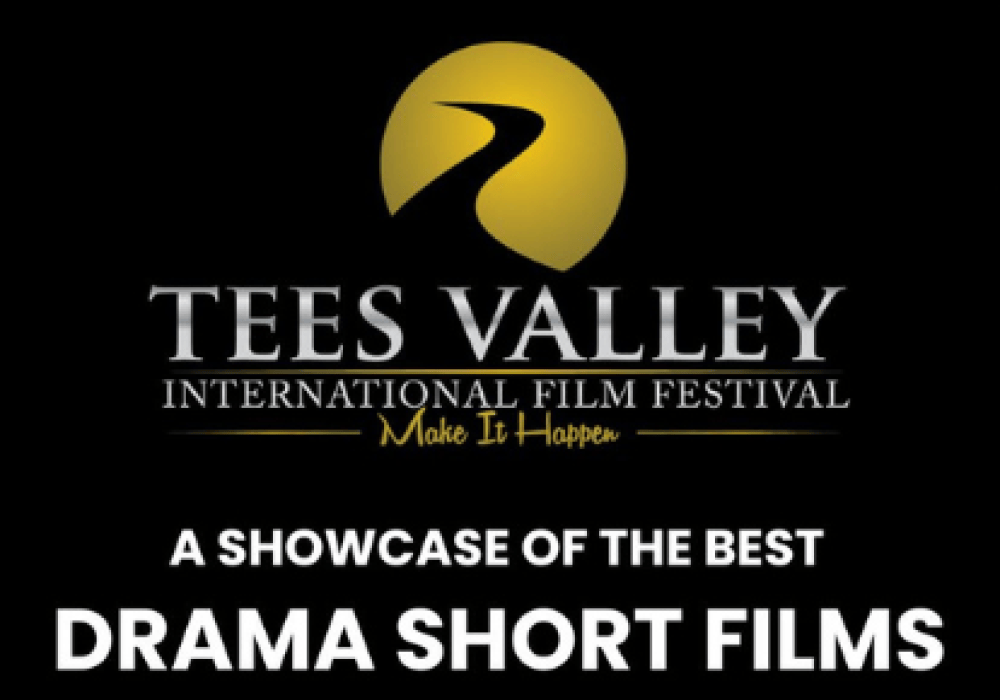 An images of the Tees Valley International Film Festival Logo with the text stating 'a showcase of the best Drama Short Films' with the boarder with black and white in a film reel style.