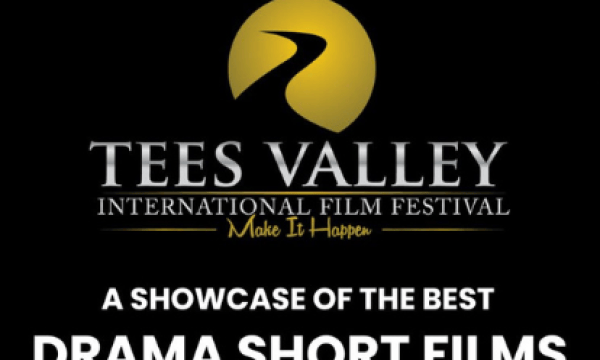 An images of the Tees Valley International Film Festival Logo with the text stating 'a showcase of the best Drama Short Films' with the boarder with black and white in a film reel style.