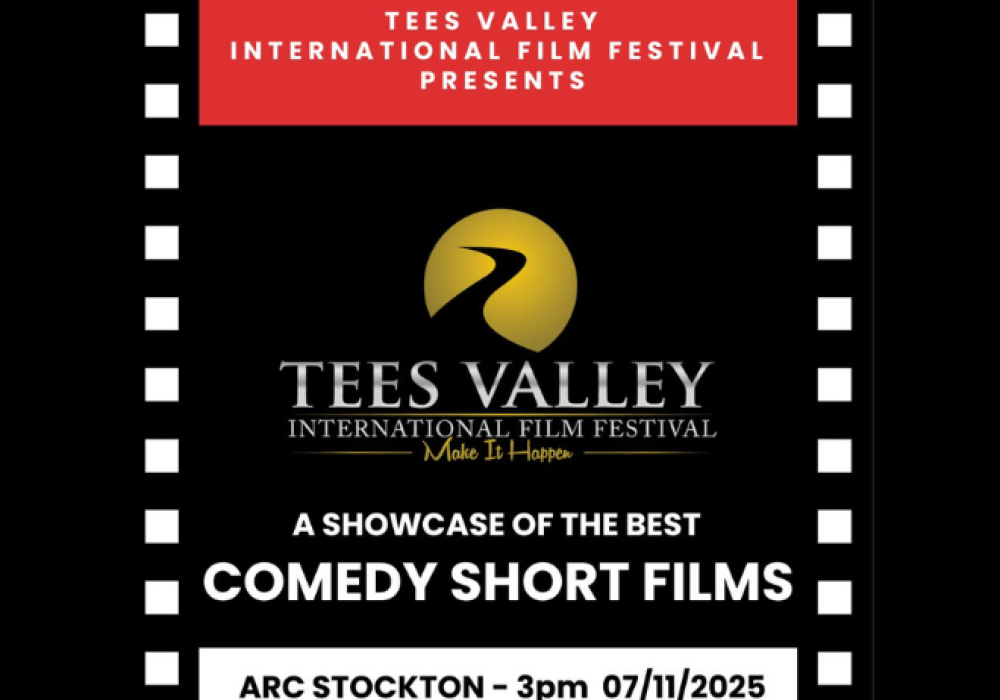 An images of the Tees Valley International Film Festival Logo with the text stating 'a showcase of the best Comedy Short Films' with the boarder with black and white in a film reel style.